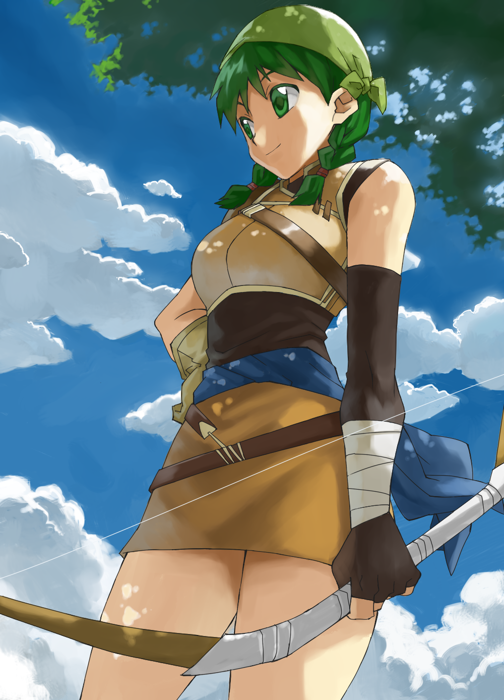 1girl bandanna bow_(weapon) braid clouds fingerless_gloves fire_emblem fire_emblem:_rekka_no_ken gloves green_eyes green_hair hair_over_shoulder highres long_hair miniskirt nintendo outdoors rebecca_(fire_emblem) shino_(2919) skirt sky smile solo twin_braids twintails weapon