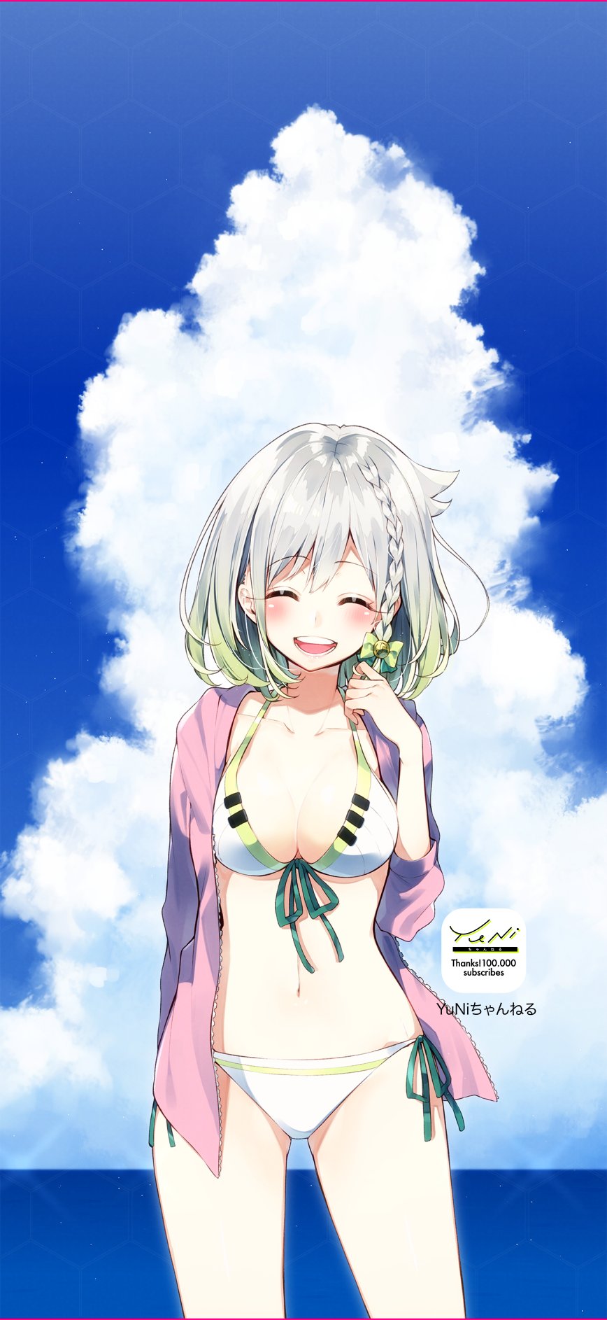 1girl bikini bow braid clouds hair_bow highres jacket lips multicolored_hair ocean open_mouth sakuragi_ren shirt short_hair silver_hair single_braid sky smile swimsuit teeth uni_channel virtual_youtuber yuni_(yuni_channel)