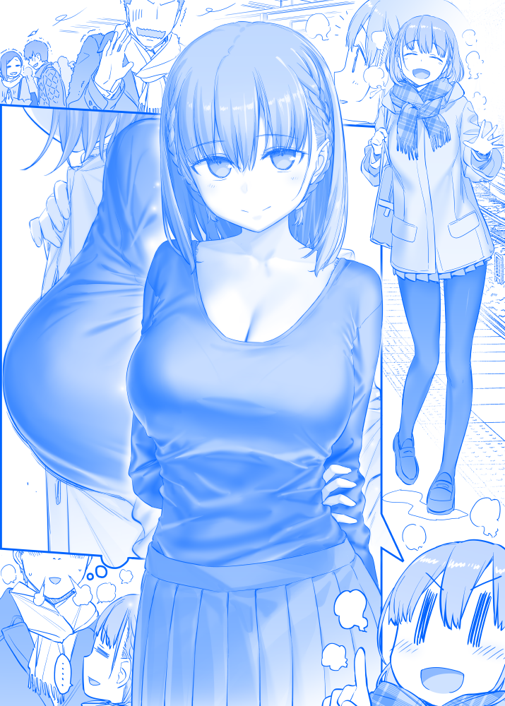 2boys 2girls :d =_= ^_^ ai-chan_(tawawa) arms_behind_back bag blue bra bra_peek braid bralines breasts breath cleavage closed_eyes closed_eyes commentary_request eyebrows_visible_through_hair getsuyoubi_no_tawawa himura_kiseki huge_breasts index_finger_raised kouhai-chan_(tawawa) loafers long_sleeves looking_at_viewer medium_hair monochrome multiple_boys multiple_girls open_mouth outdoors pantyhose plaid plaid_scarf pleated_skirt scarf school_bag shoes shoulder_bag skirt smile trembling twin_braids underwear v-shaped_eyebrows
