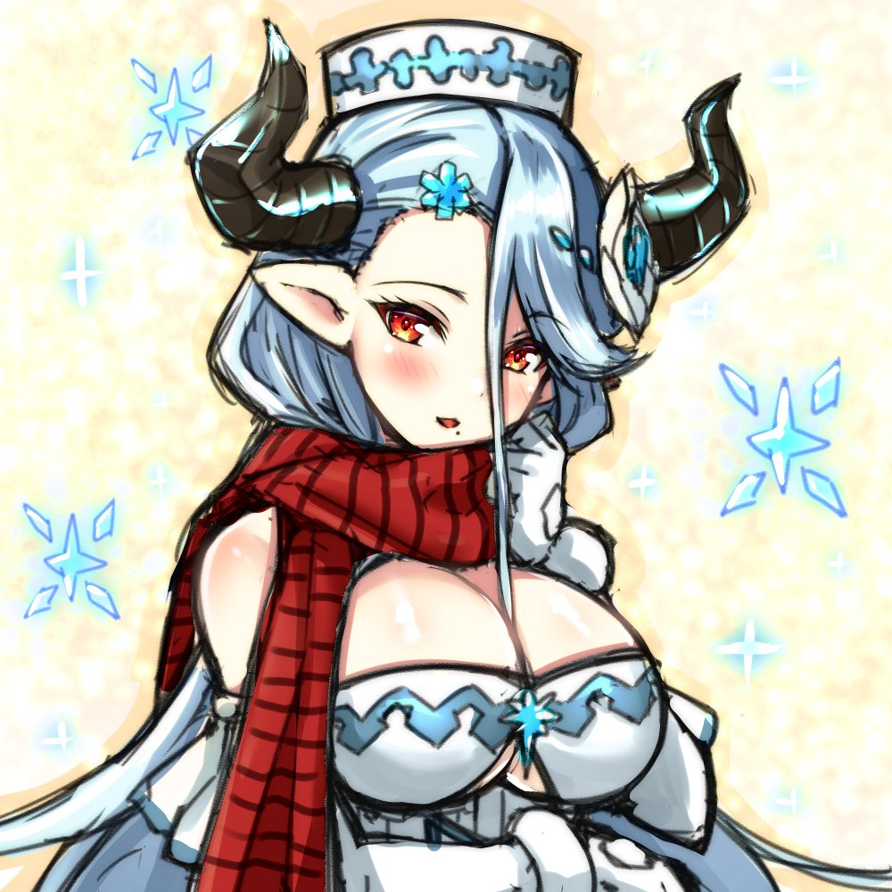 1girl blue_hair blush breasts draph granblue_fantasy hat horns izmir large_breasts long_hair mole mole_under_mouth nyama_(12060517) pointy_ears red_eyes scarf snowflakes