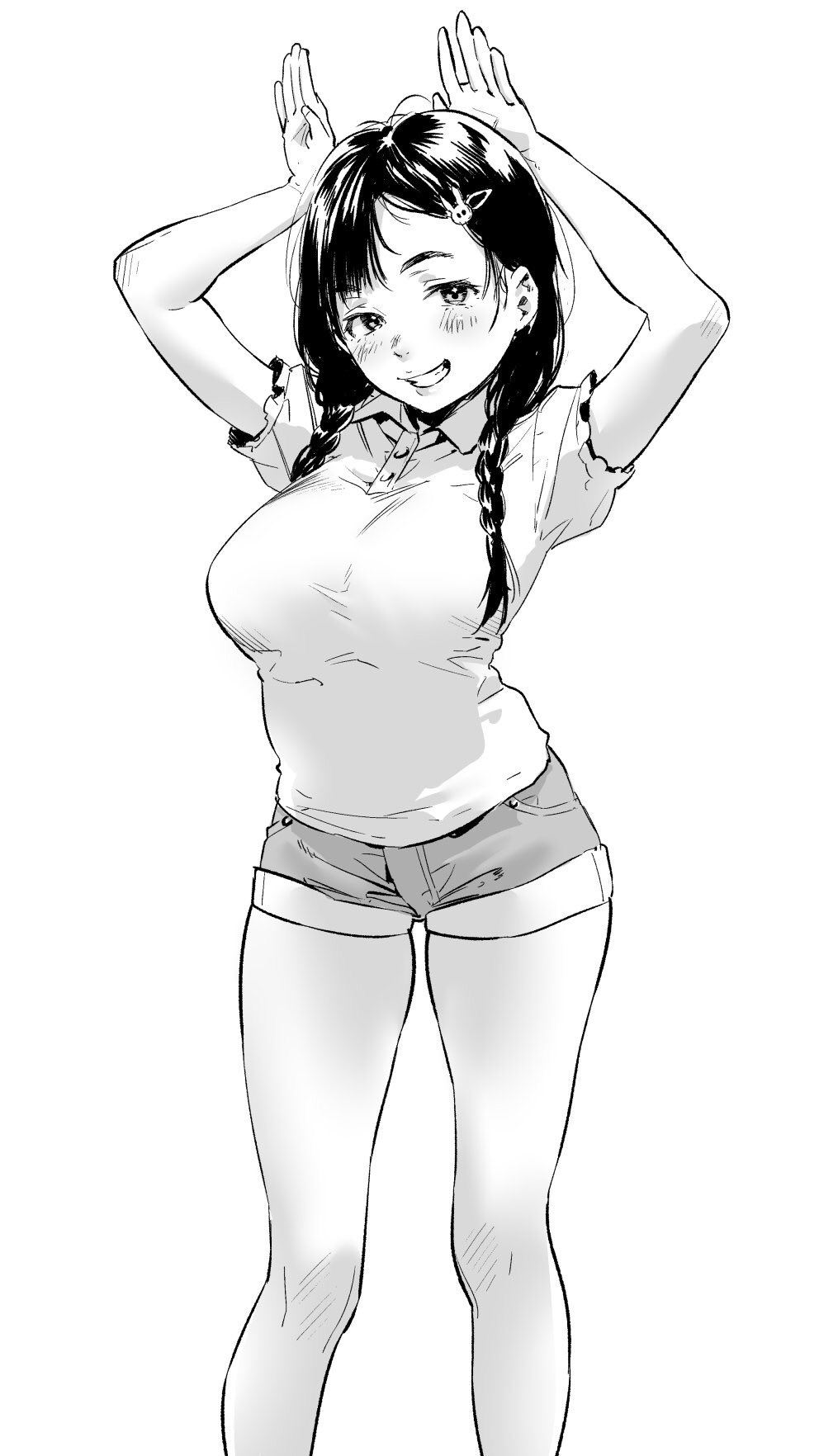 1girl arms_up black_hair braid breasts bunny_pose denim denim_shorts greyscale grin hair_ornament hairclip highres kamiyama_aya large_breasts looking_at_viewer monochrome original polo_shirt short_sleeves shorts smile twin_braids