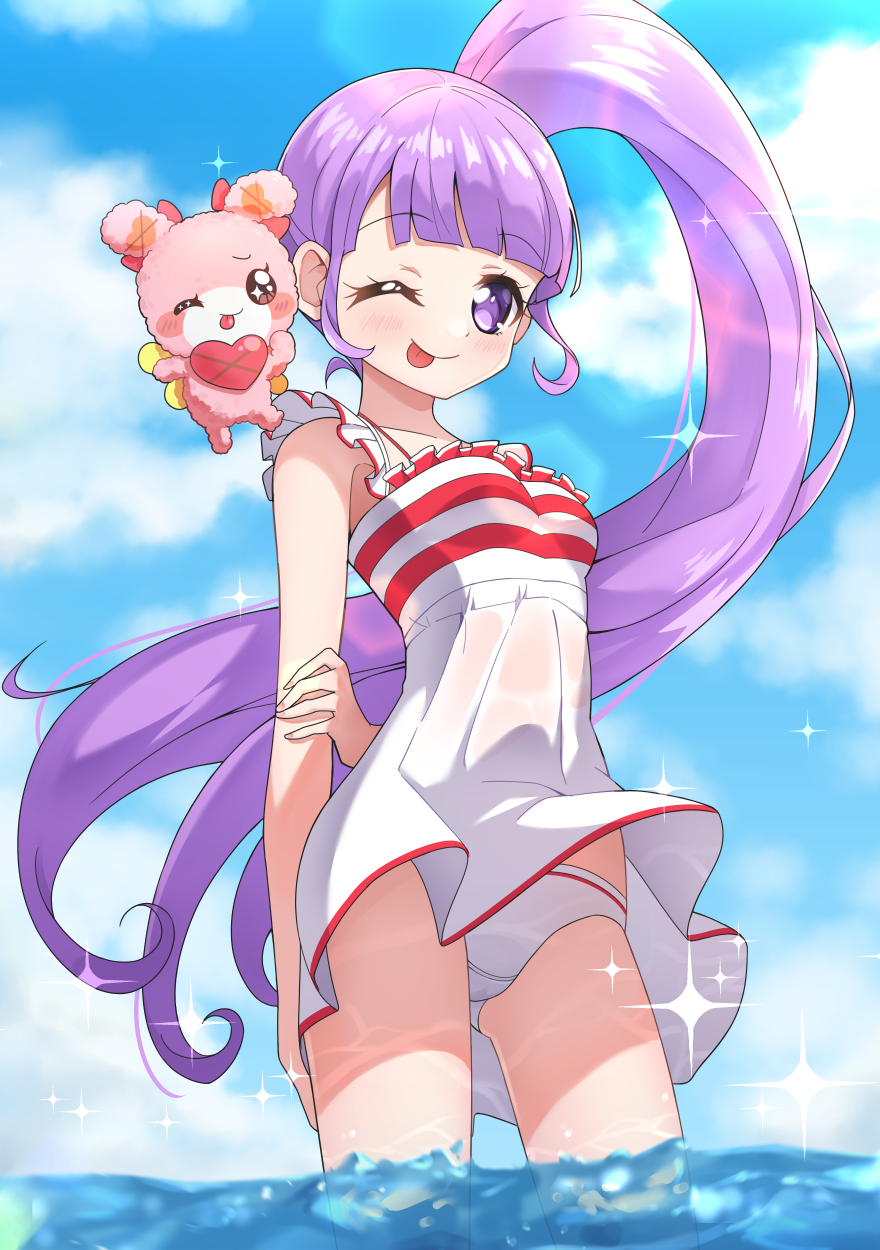 1girl ;p arm_behind_back bangs blunt_bangs blush day dress dress_lift eyebrows_visible_through_hair frilled_dress frills highres idol_time_pripara long_hair looking_at_viewer manaka_non ocean one_eye_closed outdoors panties pripara purple_hair side_ponytail sky smile solo stuffed_animal stuffed_toy sundress teddy_bear tongue tongue_out underwear very_long_hair violet_eyes wading water wet wet_clothes wet_dress white_dress white_panties wind wind_lift wkdnlwoddl