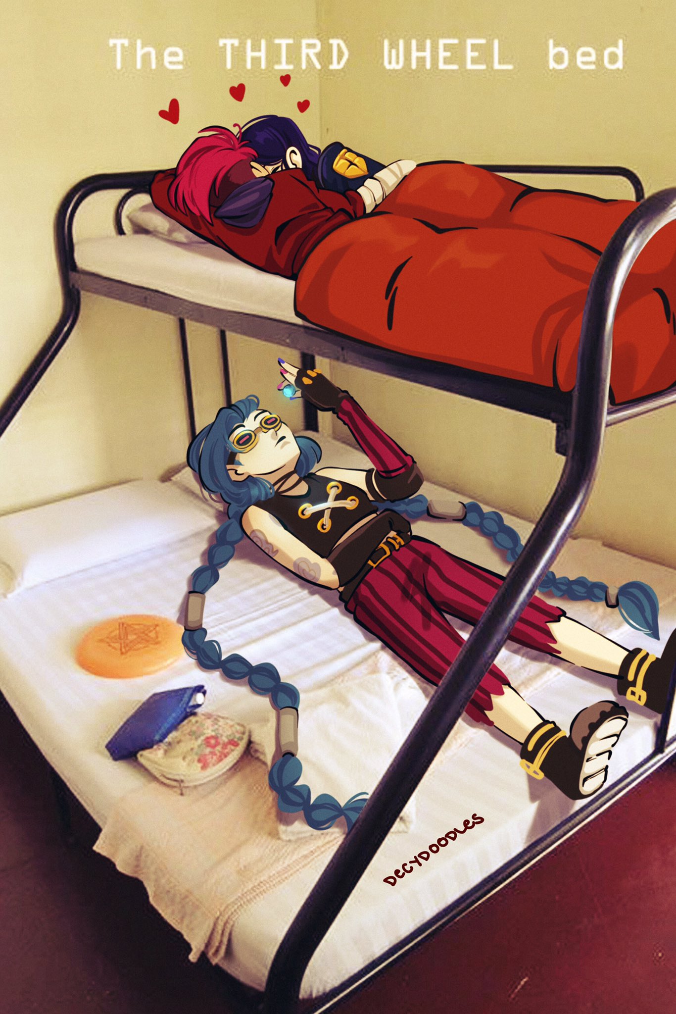 3girls arcane:_league_of_legends artist_name bed blue_hair blue_nails braid bunk_bed caitlyn_(league_of_legends) closed_eyes closed_mouth commentary decy_wilde english_commentary english_text goggles heart highres jinx_(league_of_legends) league_of_legends long_hair lying multicolored_nails multiple_girls on_back on_side pillow pink_nails purple_hair redhead twin_braids vi_(league_of_legends) yuri