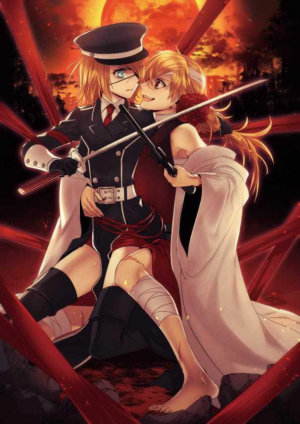 1boy 1girl :d bandage barefoot belt black_footwear black_gloves blonde_hair blue_eyes boots brother_and_sister dress eye_contact eyepatch full_moon gloves gun hand_on_another's_hip holding holding_gun holding_sword holding_weapon kagamine_len kagamine_rin karakuri_manji_burst_(vocaloid) katana long_hair looking_at_another moon necktie night one_knee open_mouth outdoors ponytail red_dress red_eyes red_neckwear short_hair siblings sleeveless sleeveless_dress smile suzunosuke_(sagula) sword thigh-highs thigh_boots vocaloid weapon