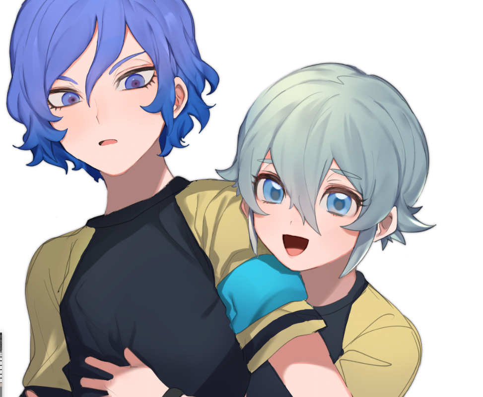 2boys blue_eyes blue_hair blush eyebrows_visible_through_hair hair_between_eyes hug hug_from_behind inazuma_eleven_(series) inazuma_eleven_ares_no_tenbin looking_at_viewer male_focus megusuri multiple_boys saotome_seiya silver_hair smile soccer_uniform sportswear