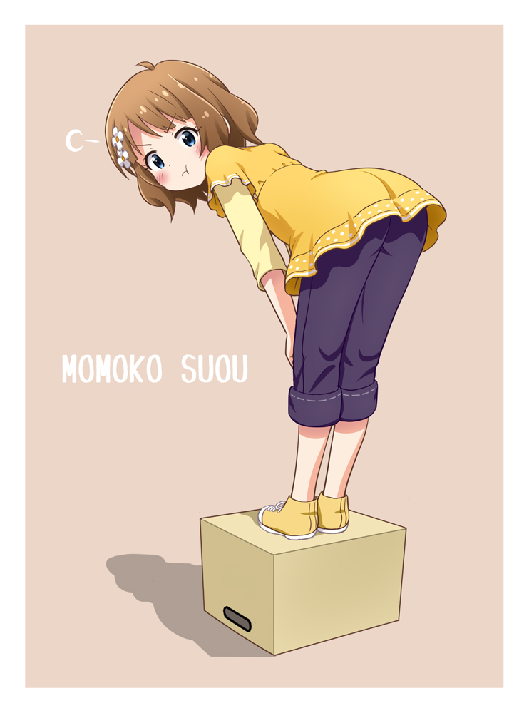1girl ahoge blue_eyes blush box brown_hair character_name flower full_body hair_flower hair_ornament haruna_mao idolmaster idolmaster_million_live! looking_at_viewer on_box pants pink_background pout shirt short_hair simple_background solo suou_momoko v-shaped_eyebrows yellow_footwear yellow_shirt