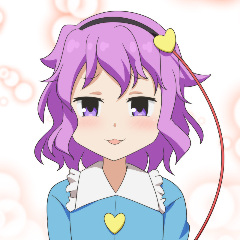 1girl :d blue_shirt cato_(monocatienus) commentary face frilled_shirt_collar frills hairband heart komeiji_satori looking_at_viewer medium_hair open_mouth portrait purple_hair shirt simple_background smile solo touhou violet_eyes wavy_hair