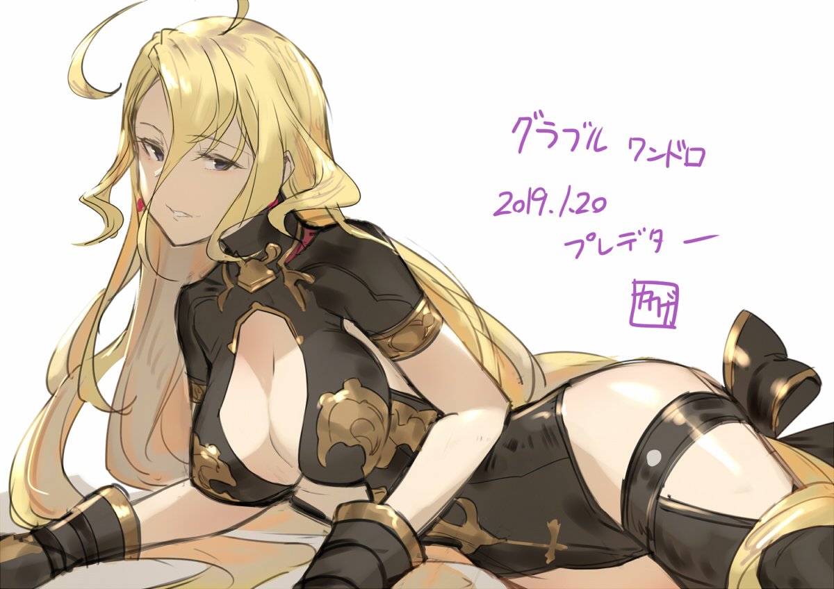 1girl ahoge black_eyes blonde_hair breasts center_opening cleavage cleavage_cutout dated earrings gloves granblue_fantasy hair_between_eyes hair_ribbon jewelry kakage long_hair lying on_side open_mouth predator_(granblue_fantasy) ribbon signature simple_background solo turtleneck white_background