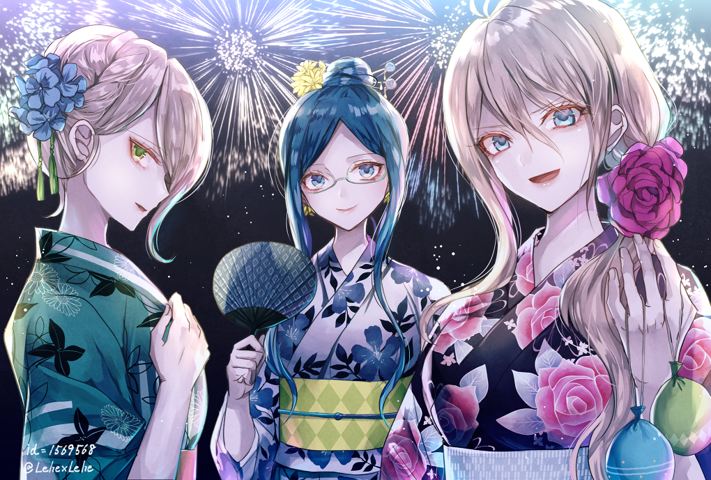 3girls :d bangs black_kimono blonde_hair blue_eyes blue_flower blue_hair dangan_ronpa earrings fan fireworks floral_print flower glasses green_eyes green_kimono hair_between_eyes hair_flower hair_ornament hairpin hibiscus_print holding holding_fan iruma_miu japanese_clothes jewelry kimono long_hair looking_at_viewer multiple_girls new_dangan_ronpa_v3 night night_sky obi open_mouth outdoors parted_bangs print_kimono red_flower sash shirogane_tsumugi short_hair sky smile tied_hair toujou_kirumi upper_body yukata z-epto_(chat-noir86)