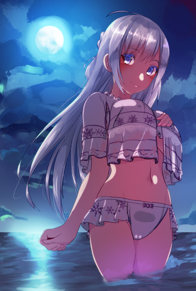 1girl bangs bare_shoulders bikini blush bow breasts closed_mouth clouds cloudy_sky commentary_request dead_or_alive dead_or_alive_xtreme eyebrows_visible_through_hair fiona_(doa) frilled_bikini frills full_moon light_blue_hair long_hair medium_breasts moon navel night nishisan_(mikurosu) ocean purple_bow sky smile snowflake_print solo standing swimsuit violet_eyes wading