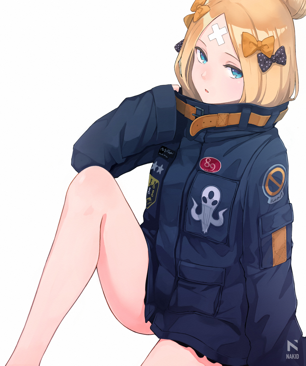 1girl abigail_williams_(fate/grand_order) alternate_hairstyle artist_request bandaid_on_forehead bangs belt black_bow black_jacket blonde_hair blue_eyes bow crossed_bandaids fate/grand_order fate_(series) forehead hair_bow hair_bun heroic_spirit_traveling_outfit high_collar highres jacket knee_up long_hair long_sleeves looking_at_viewer open_mouth orange_bow parted_bangs polka_dot polka_dot_bow simple_background sitting sleeves_past_wrists solo thighs white_background