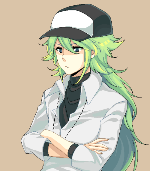 1boy baseball_cap green_hair hat long_hair male n_(pokemon) pokemon pokemon_(game) pokemon_bw ponytail simple_background solo tagme