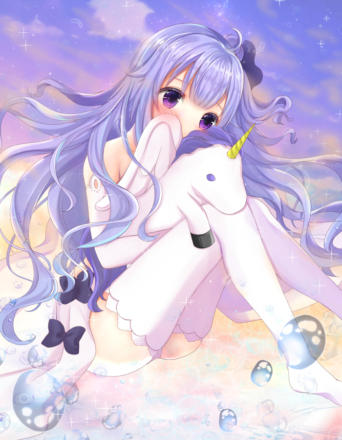 1girl ass azur_lane bangs black_bow black_ribbon bow clouds cloudy_sky commentary_request covered_mouth detached_sleeves dress eyebrows_visible_through_hair hair_bun hair_ribbon head_tilt long_hair long_sleeves no_shoes object_hug one_side_up panties purple_hair ribbon sakura_(ichisakupink) side_bun sky solo sparkle stuffed_alicorn stuffed_animal stuffed_toy thigh-highs underwear unicorn_(azur_lane) very_long_hair violet_eyes water_drop white_dress white_legwear white_panties white_sleeves