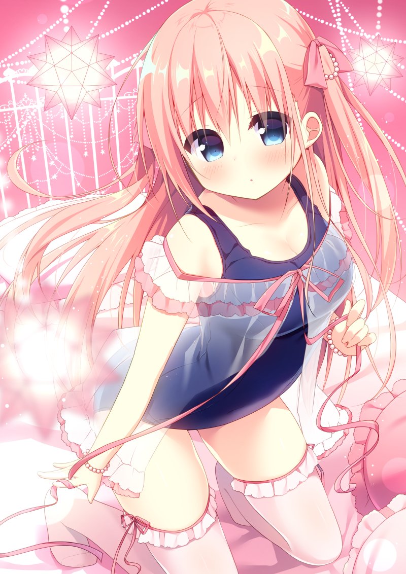 1girl :o arched_back bangs bare_shoulders bed_sheet blue_eyes blue_swimsuit blurry blurry_foreground blush bow bracelet breasts cleavage collarbone commentary_request depth_of_field dress eyebrows_visible_through_hair frilled_pillow frills hair_between_eyes hair_bow hanamiya_natsuka jewelry kneeling leaning_forward long_hair no_shoes off-shoulder_dress off_shoulder one-piece_swimsuit original parted_lips pearl_bracelet pillow pink_bow pink_hair school_swimsuit see-through small_breasts solo swimsuit thigh-highs two_side_up very_long_hair white_legwear