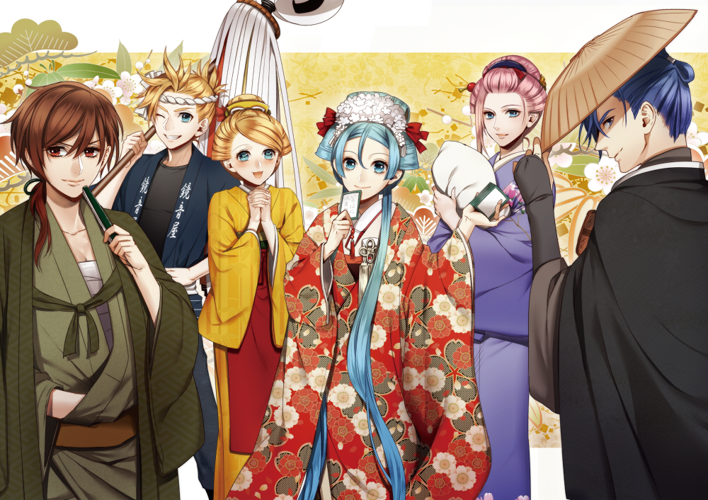 2boys 3girls ;d apron bangs black_shirt blue blue_eyes blue_hair blue_kimono breasts brown_eyes brown_hair cleavage eyes fan floral_print green_kimono grin hair_between_eyes hair_over_shoulder hair_ribbon hand_on_hip hands_clasped haori hatsune_miku holding holding_fan japanese_clothes kagamine_len kagamine_rin kaito kimono long_hair long_sleeves looking_at_viewer low_twintails medium_breasts megurine_luka meiko multiple_boys multiple_girls one_eye_closed open_mouth own_hands_together parted_bangs ponytail print_kimono red_apron red_eyes red_kimono red_ribbon ribbon sarashi shiny shiny_hair shirt short_hair smile suzunosuke_(sagula) tied_hair twintails very_long_hair vocaloid wide_sleeves yellow_kimono