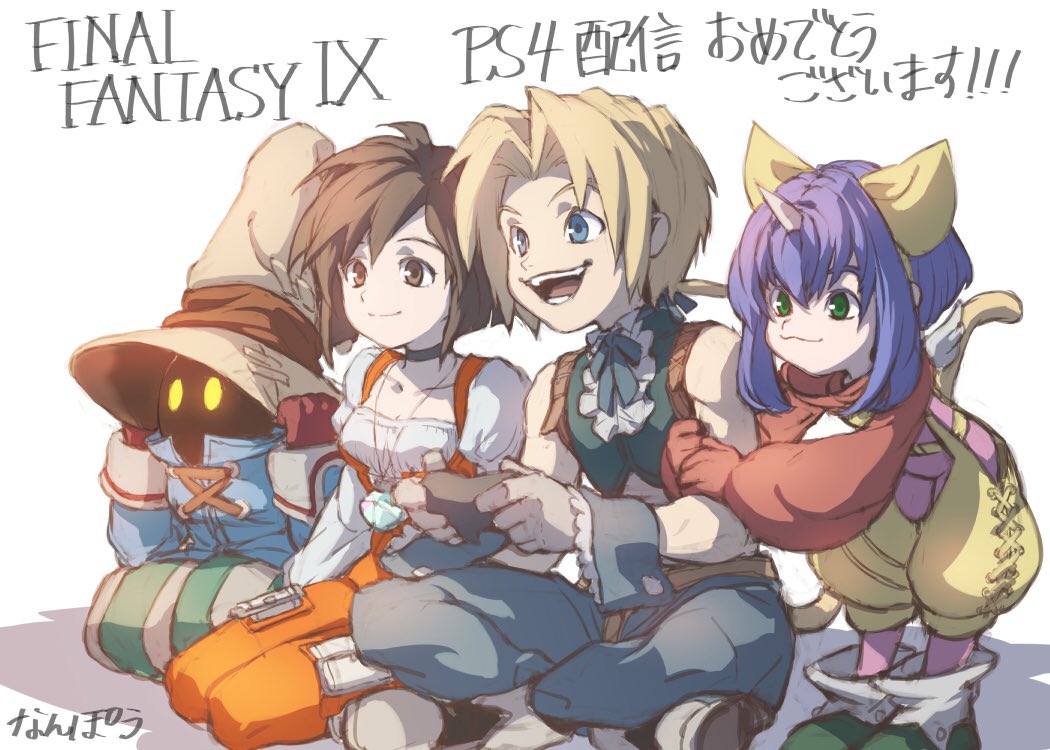 blonde_hair blue_eyes blue_hair bodysuit bow breasts choker cleavage commentary_request controller eiko_carol final_fantasy final_fantasy_ix garnet_til_alexandros_xvii gloves green_eyes groin horn jewelry medium_hair multiple_boys multiple_girls nanpou_(nanpou0021) necklace smile tail vivi_ornitier wings yellow_bow zidane_tribal