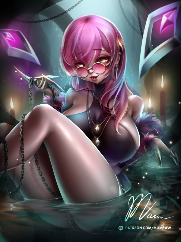 1girl bare_shoulders black_legwear blush breasts eyebrows_visible_through_hair fang fantasy game_art glasses hair_between_eyes k/da_(league_of_legends) k/da_evelynn large_breasts league_of_legends long_hair looking_at_viewer mumeaw open_mouth purple_hair self_upload sitting smile solo thigh-highs tongue weapon yellow_eyes