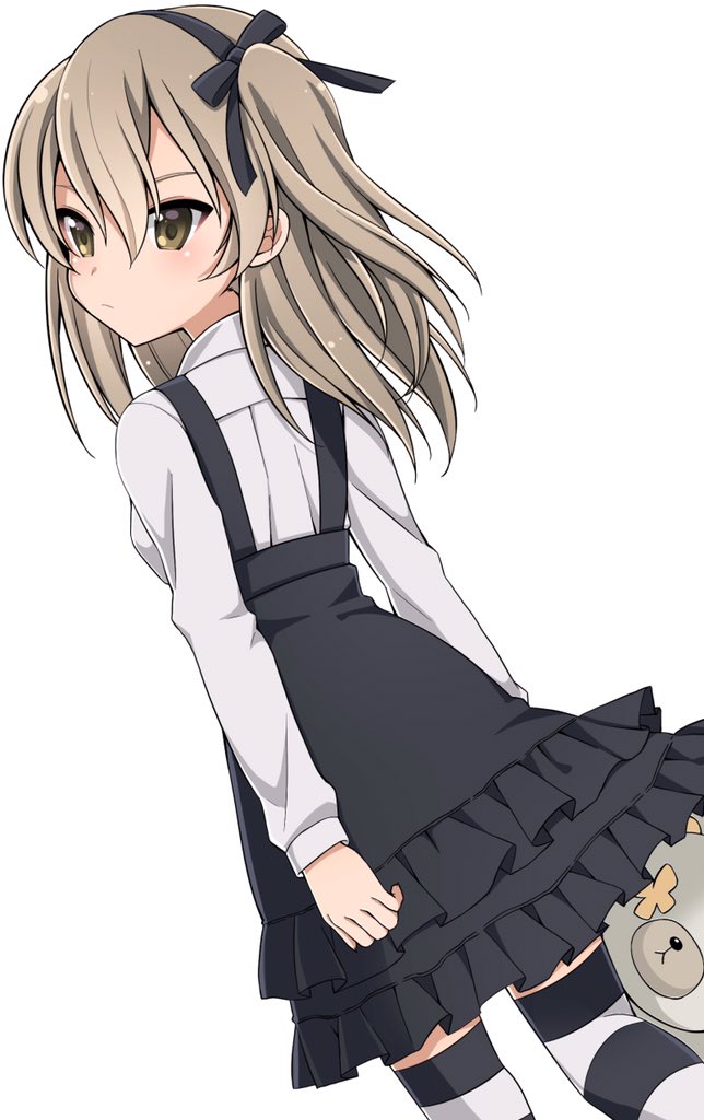 1girl bangs black_legwear black_ribbon black_skirt boko_(girls_und_panzer) brown_eyes casual closed_mouth commentary dutch_angle from_behind frown girls_und_panzer hair_ribbon high-waist_skirt holding holding_stuffed_animal layered_skirt light_brown_hair long_hair long_sleeves looking_to_the_side medium_skirt ribbon ruruepa shimada_arisu shirt side_ponytail simple_background skirt solo standing striped striped_legwear stuffed_animal stuffed_toy suspender_skirt suspenders teddy_bear thigh-highs white_background white_shirt