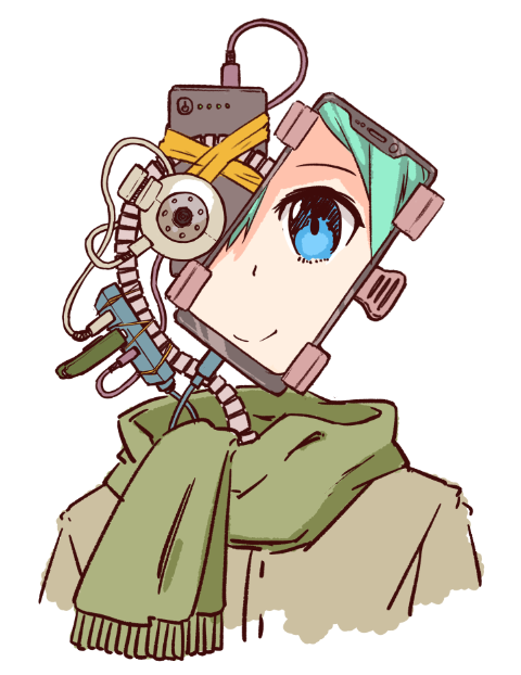 1girl blue_eyes borisx cable cellphone commentary extension_cord green_hair original phone robot scarf smartphone solo tape upper_body webcam white_background