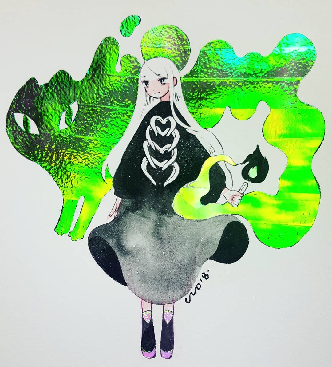 1girl black_dress black_footwear candle dress eyebrows_visible_through_hair fire full_body green_fire holding holding_candle long_hair maruti_bitamin original short_eyebrows simple_background smile smoke solo standing traditional_media watercolor_(medium) white_background white_hair