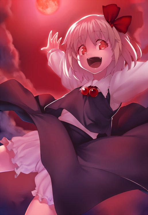 1girl :d bangs black_skirt black_vest blonde_hair bloomers clouds commentary_request cowboy_shot eyebrows_visible_through_hair fangs hair_ribbon kaiza_(rider000) long_sleeves looking_at_viewer moon night night_sky open_mouth outstretched_arms red_eyes red_moon red_neckwear red_ribbon red_sky ribbon rumia shirt short_hair skirt skirt_set sky smile solo touhou underwear vest white_bloomers white_shirt