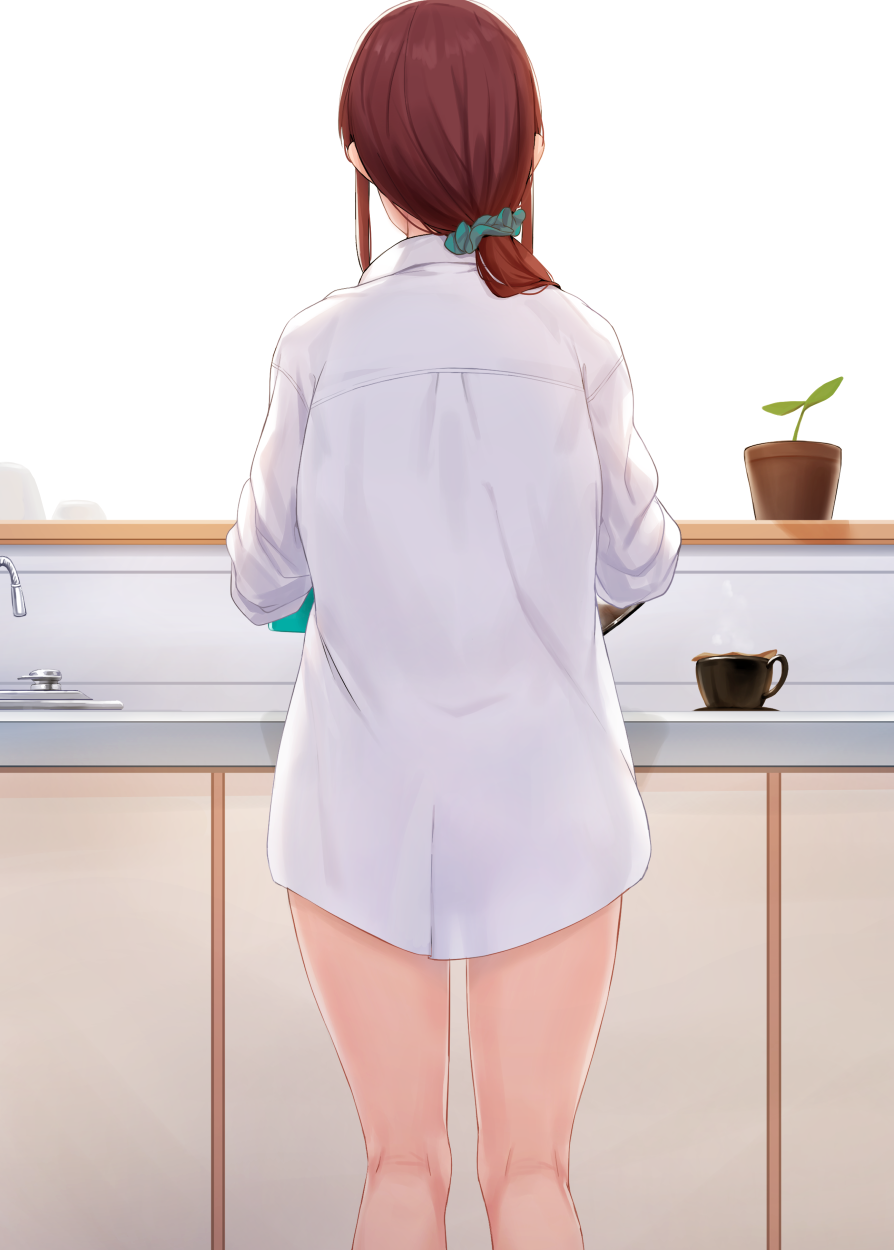 1girl back brown_hair cup deneb_(noble324) highres idolmaster idolmaster_cinderella_girls kitchen long_hair mifune_miyu naked_shirt plant ponytail potted_plant shirt solo