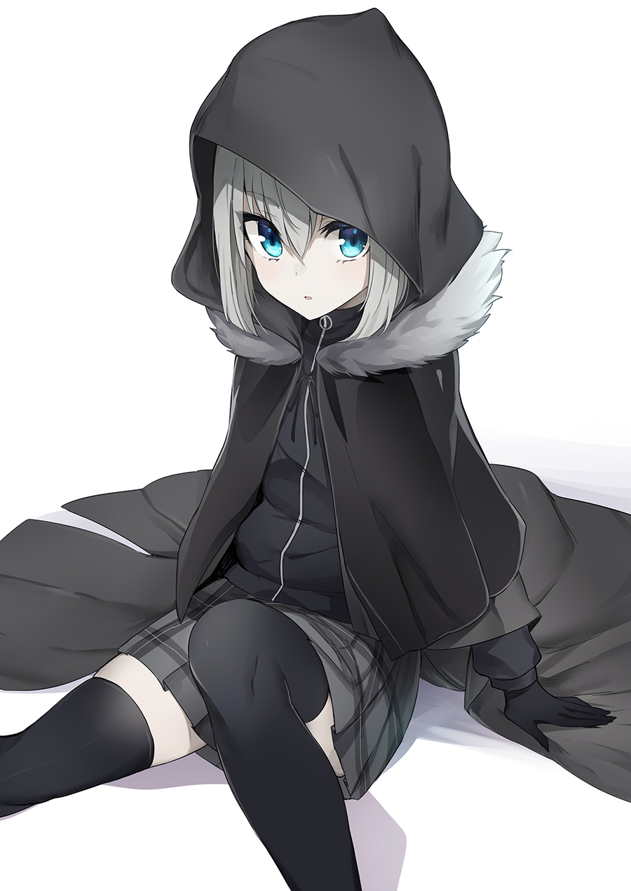 1girl arm_support bangs black_cloak black_gloves black_legwear black_shirt black_skirt blue_eyes cloak eyebrows_visible_through_hair fate_(series) feet_out_of_frame full-length_zipper fur_collar gloves gray_(lord_el-melloi_ii) hair_between_eyes highres hood hooded_cloak long_hair long_sleeves looking_at_viewer lord_el-melloi_ii_case_files luse_maonang miniskirt pale_skin parted_lips plaid plaid_skirt pleated_skirt sanpaku shadow shirt sidelocks silver_hair simple_background sitting skirt sleeves_past_wrists solo thigh-highs white_background zettai_ryouiki zipper