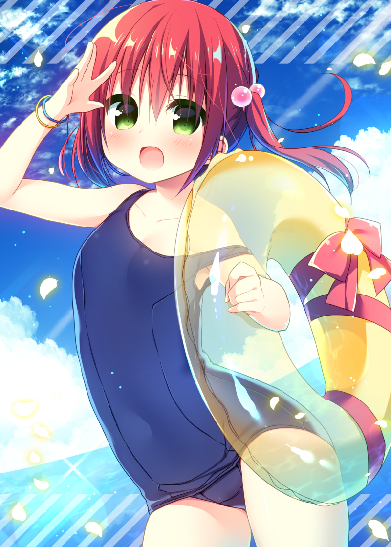 1girl :d arm_up bangle bangs bare_arms bare_shoulders blue_hair blue_sky blue_swimsuit blush bow bracelet breasts clouds cloudy_sky collarbone day diagonal_stripes dutch_angle eyebrows_visible_through_hair fang gradient_hair green_eyes hair_between_eyes hair_bobbles hair_ornament hanamiya_natsuka holding holding_innertube horizon innertube jewelry long_hair looking_at_viewer multicolored_hair ocean old_school_swimsuit one-piece_swimsuit open_mouth original outdoors red_bow red_ribbon redhead ribbon school_swimsuit side_ponytail sky small_breasts smile solo strap_slip striped swimsuit transparent water yellow_innertube
