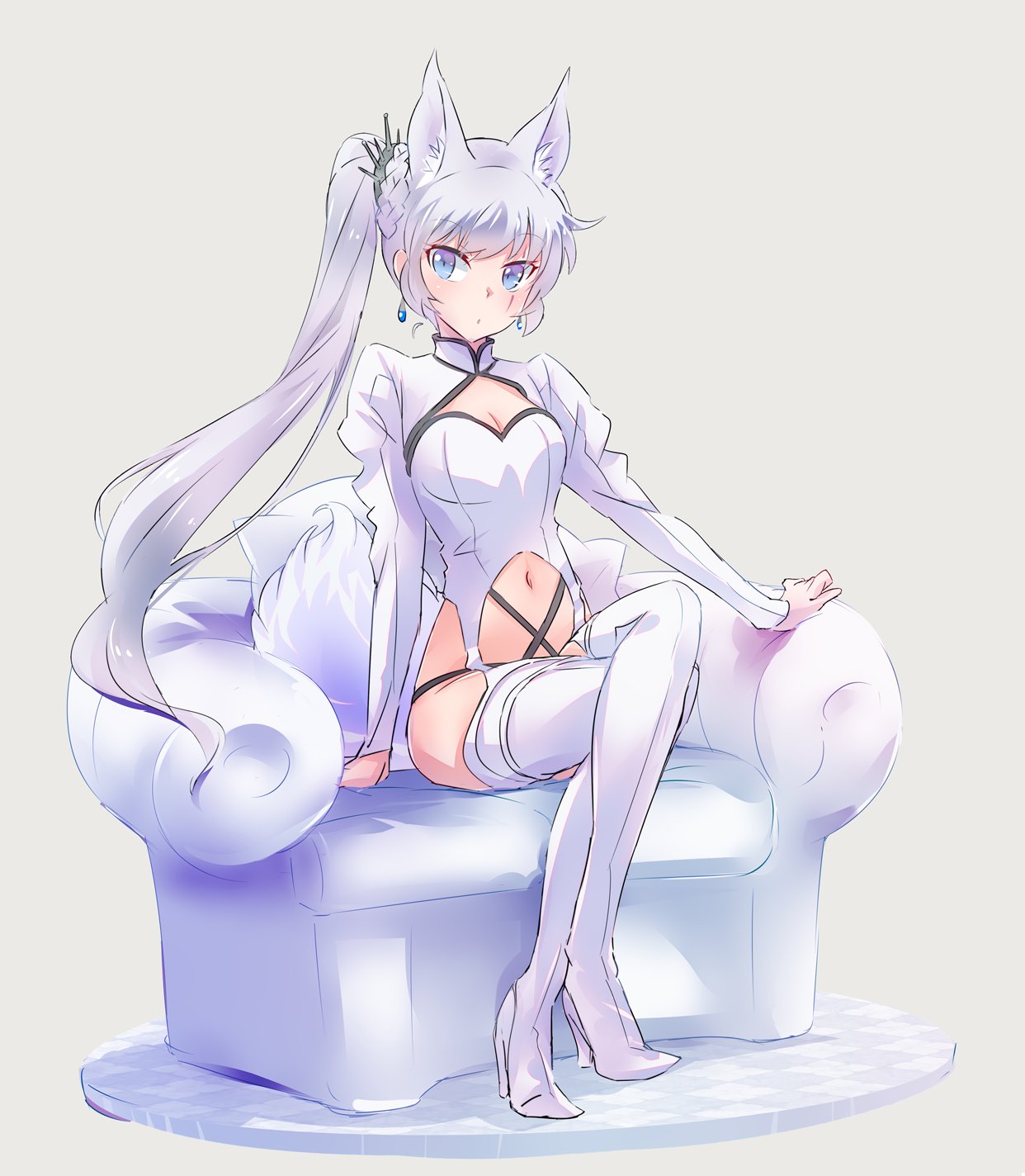 1girl adapted_costume animal_ears blue_eyes boots breasts cleavage_cutout coughing earrings garter_straps high_heel_boots high_heels highres iesupa jewelry legs_crossed long_hair midriff navel ponytail rwby scar scar_across_eye side_ponytail sitting small_breasts solo tail thigh-highs thigh_boots tiara weiss_schnee white_hair