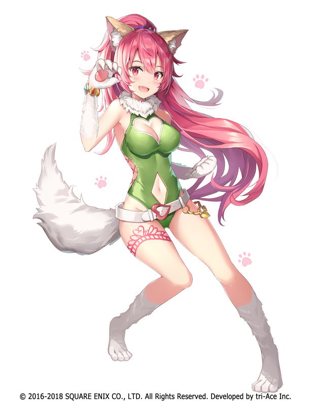 1girl animal_ears artist_request breasts cat_ears cat_tail cleavage cleavage_cutout gloves long_hair looking_at_viewer official_art open_mouth paws perisie perisie_(star_ocean) pink_eyes pink_hair ponytail smile solo star_ocean star_ocean_first_departure tail