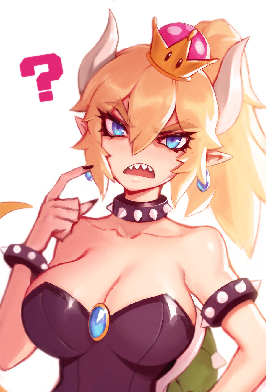 1girl ? armlet bare_shoulders black_collar black_dress black_nails blonde_hair blue_earrings blue_eyes bowsette bracelet breasts cleavage collar collarbone commentary crown dress earrings english_commentary hair_between_eyes highres horns jewelry large_breasts liyart looking_at_viewer super_mario_bros. nail_polish new_super_mario_bros._u_deluxe nintendo open_mouth pointy_ears sharp_teeth spiked_armlet spiked_bracelet spiked_collar spiked_shell spikes strapless strapless_dress super_crown teeth turtle_shell