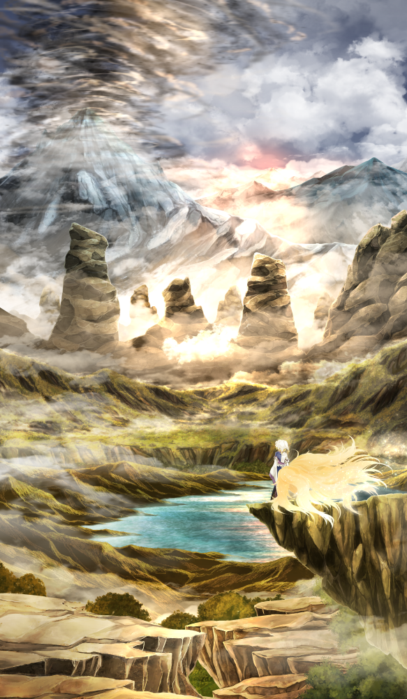 1girl arkatopia cliff clouds commentary fox_tail lake landscape looking_afar mountain multiple_tails scenery sky solo sunlight tabard tail touhou tree yakumo_ran