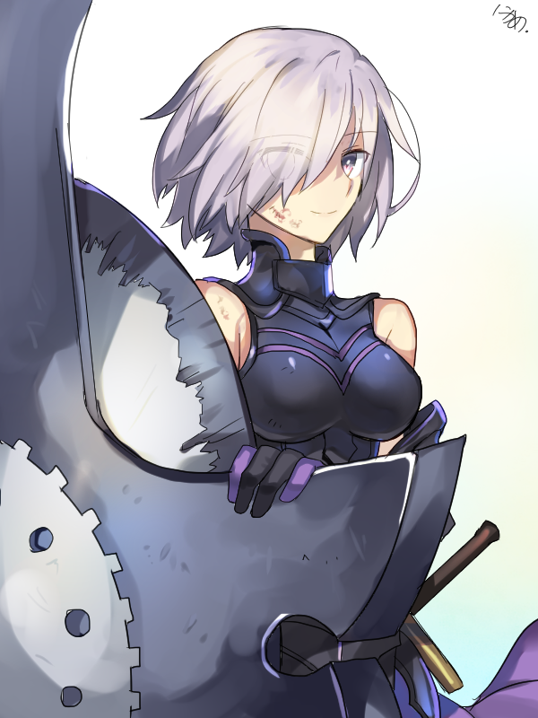 1girl breasts breasts_apart eyes_visible_through_hair fate/grand_order fate_(series) gloves hair_over_one_eye mash_kyrielight medium_breasts nikame shield short_hair silver_hair simple_background sleeves smile solo standing sword violet_eyes weapon white_background