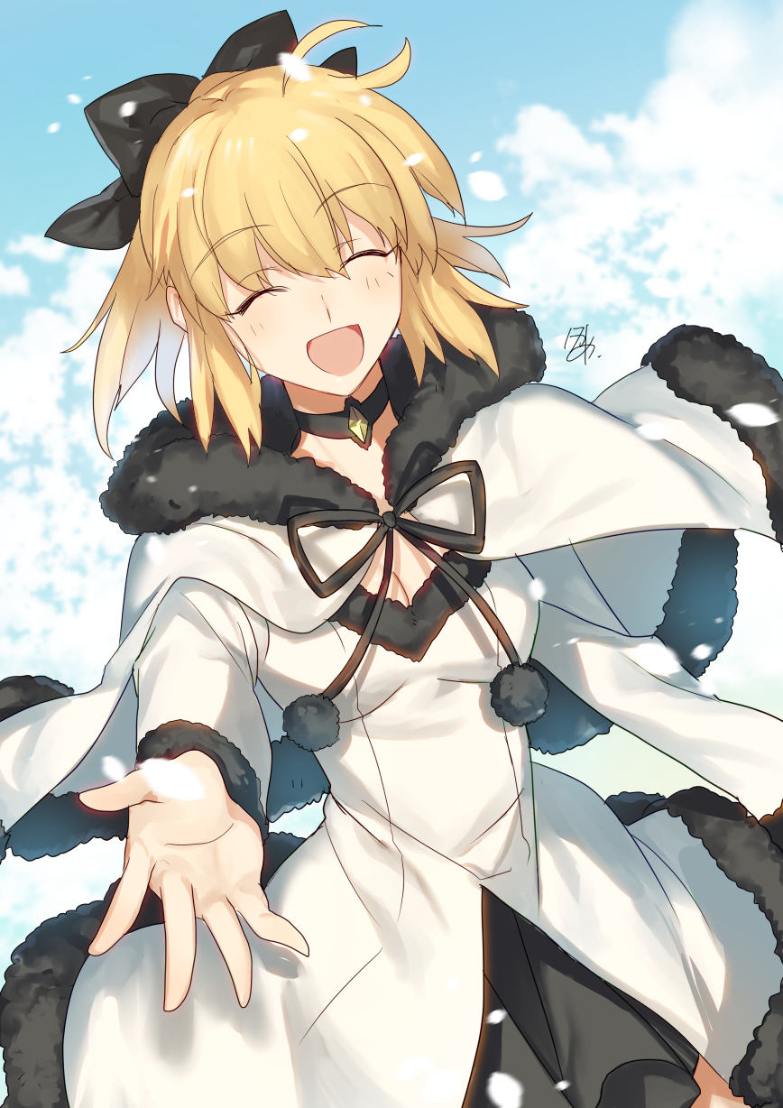 1girl :d artoria_pendragon_(all) black_bow black_ribbon blonde_hair blue_sky bow breasts capelet cleavage closed_eyes coat_dress day eyebrows_visible_through_hair fate/unlimited_codes fate_(series) fur-trimmed_capelet fur_trim hair_bow highres long_sleeves medium_breasts neck_ribbon nikame open_mouth outdoors outstretched_arm petals ponytail ribbon saber_lily short_hair sky smile solo standing white_capelet white_coat winter_clothes