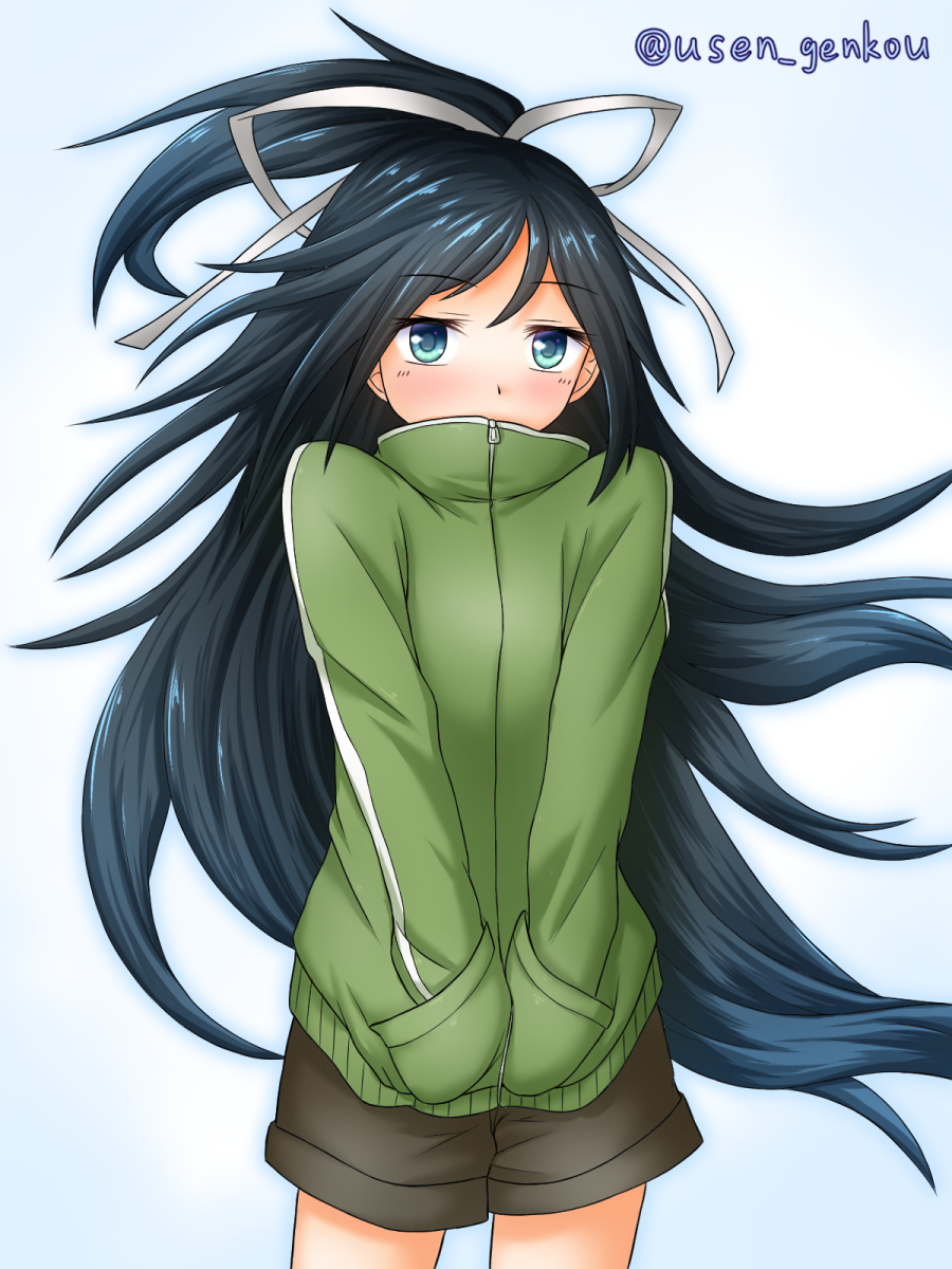 1girl black_shorts blue_eyes blue_hair blush casual covered_mouth cowboy_shot eyebrows_visible_through_hair green_jacket hair_ribbon half_updo hands_in_pockets highres jacket kantai_collection katsuragi_(kantai_collection) long_hair looking_at_viewer pocket ribbon shorts solo track_jacket twitter_username very_long_hair white_ribbon wind yuusen_(aenka) zipper_pull_tab