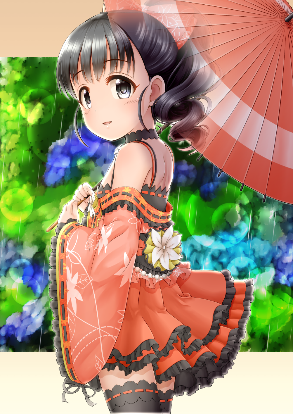 1girl bangs bare_shoulders black_hair black_legwear blue_flower blurry blurry_background blush brown_kimono brown_umbrella commentary_request depth_of_field eyebrows_visible_through_hair fingernails flower frilled_kimono frills fukuyama_mai grey_eyes highres holding holding_umbrella idolmaster idolmaster_cinderella_girls japanese_clothes kimono long_sleeves looking_at_viewer looking_to_the_side oriental_umbrella parted_lips rain regular_mow ribbon-trimmed_legwear ribbon-trimmed_sleeves ribbon_trim ringlets short_kimono sleeves_past_wrists solo thigh-highs umbrella white_flower wide_sleeves x-ray