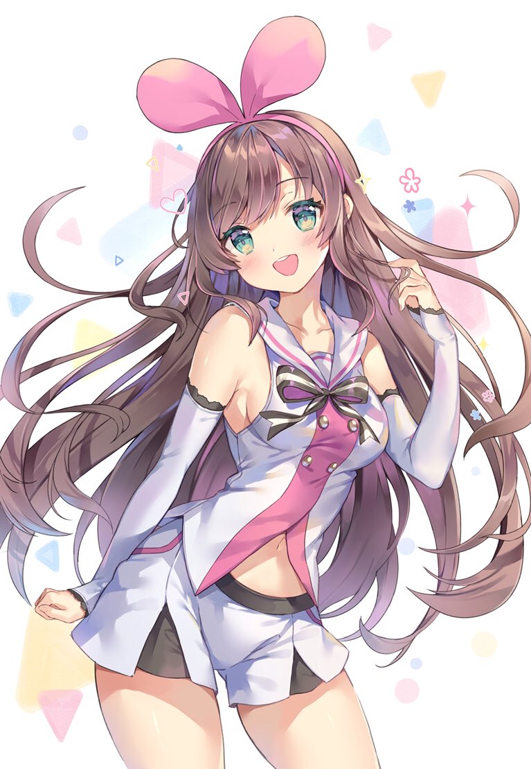 1girl :d a.i._channel arm_up bangs blue_eyes blush brown_hair cowboy_shot detached_sleeves eyebrows_visible_through_hair hairband head_tilt kizuna_ai lace-trimmed_sleeves looking_at_viewer multicolored_hair navel neck_ribbon open_mouth pink_hair pink_hairband ribbon sailor_collar shirt short_shorts shorts sleeveless sleeveless_shirt smile solo streaked_hair striped striped_ribbon swept_bangs two-tone_hair virtual_youtuber white_background white_sailor_collar white_shorts yeonwa