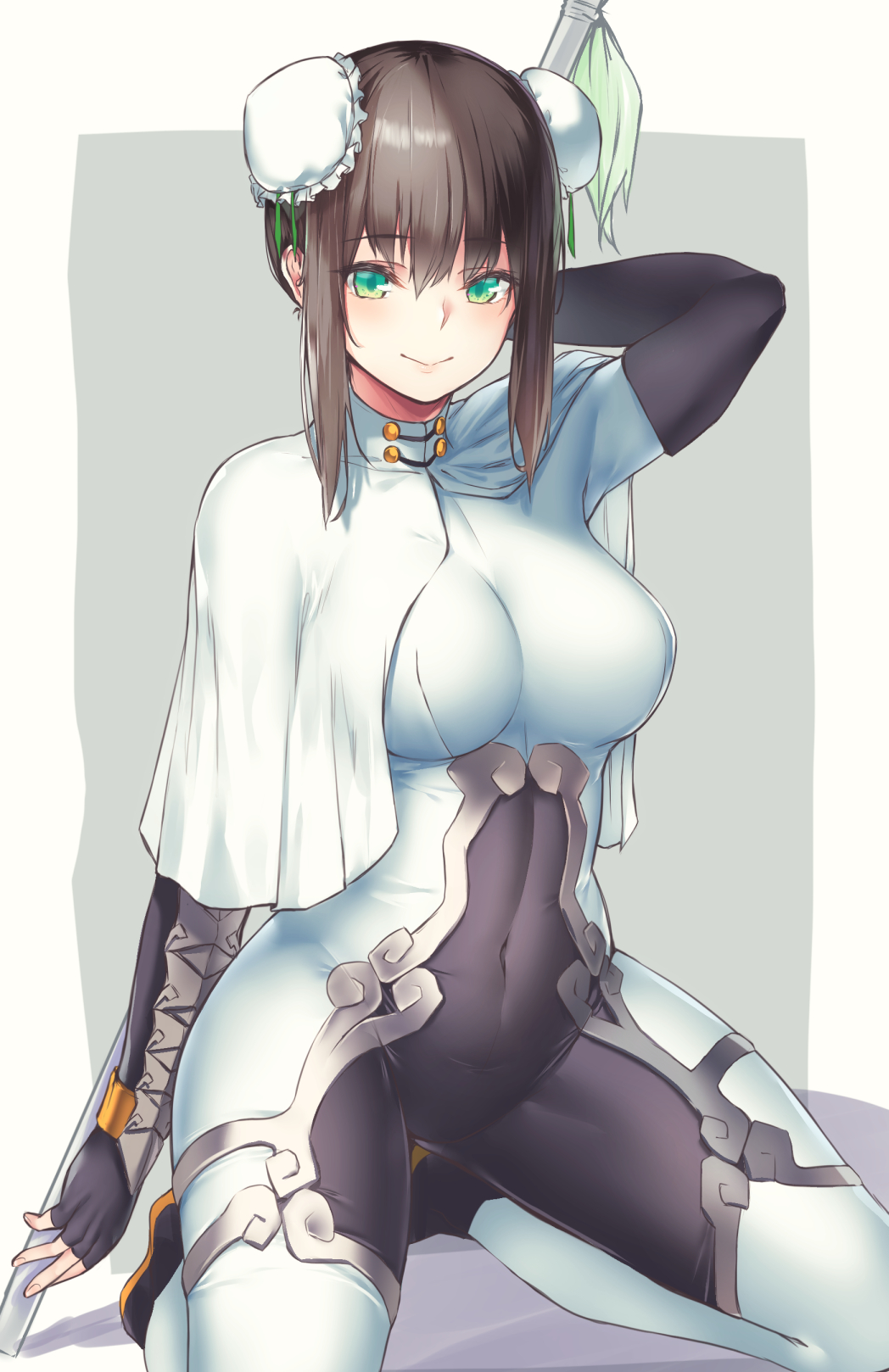 1girl arm_guards arm_up arms_behind_back bangs black_gloves black_hair bodysuit borushichi breasts bun_cover cape chinese_clothes closed_mouth commentary_request covered_navel crotch double_bun eyebrows_visible_through_hair fate/grand_order fate_(series) fingerless_gloves gloves green_eyes highres holding holding_weapon medium_breasts polearm qin_liangyu_(fate) sidelocks skin_tight smile solo spear squatting taut_clothes thighs weapon white_bodysuit white_cape
