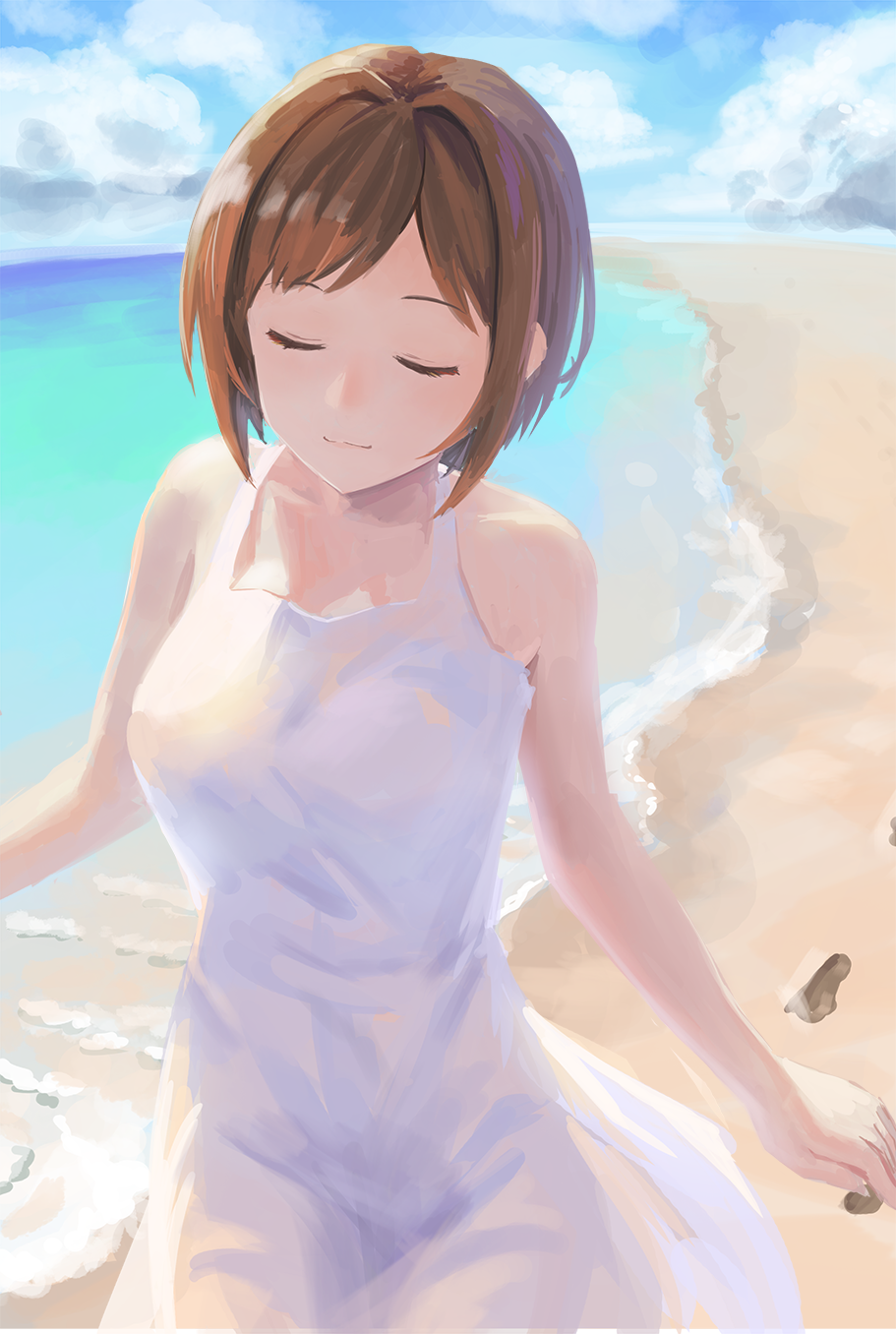 1girl bare_shoulders beach blue_sky breasts brown_hair closed_eyes closed_mouth clouds collarbone commentary_request day dress footprints highres idolmaster idolmaster_cinderella_girls kurageso large_breasts maekawa_miku ocean outdoors sand short_hair sky sleeveless sleeveless_dress smile solo standing sundress white_dress