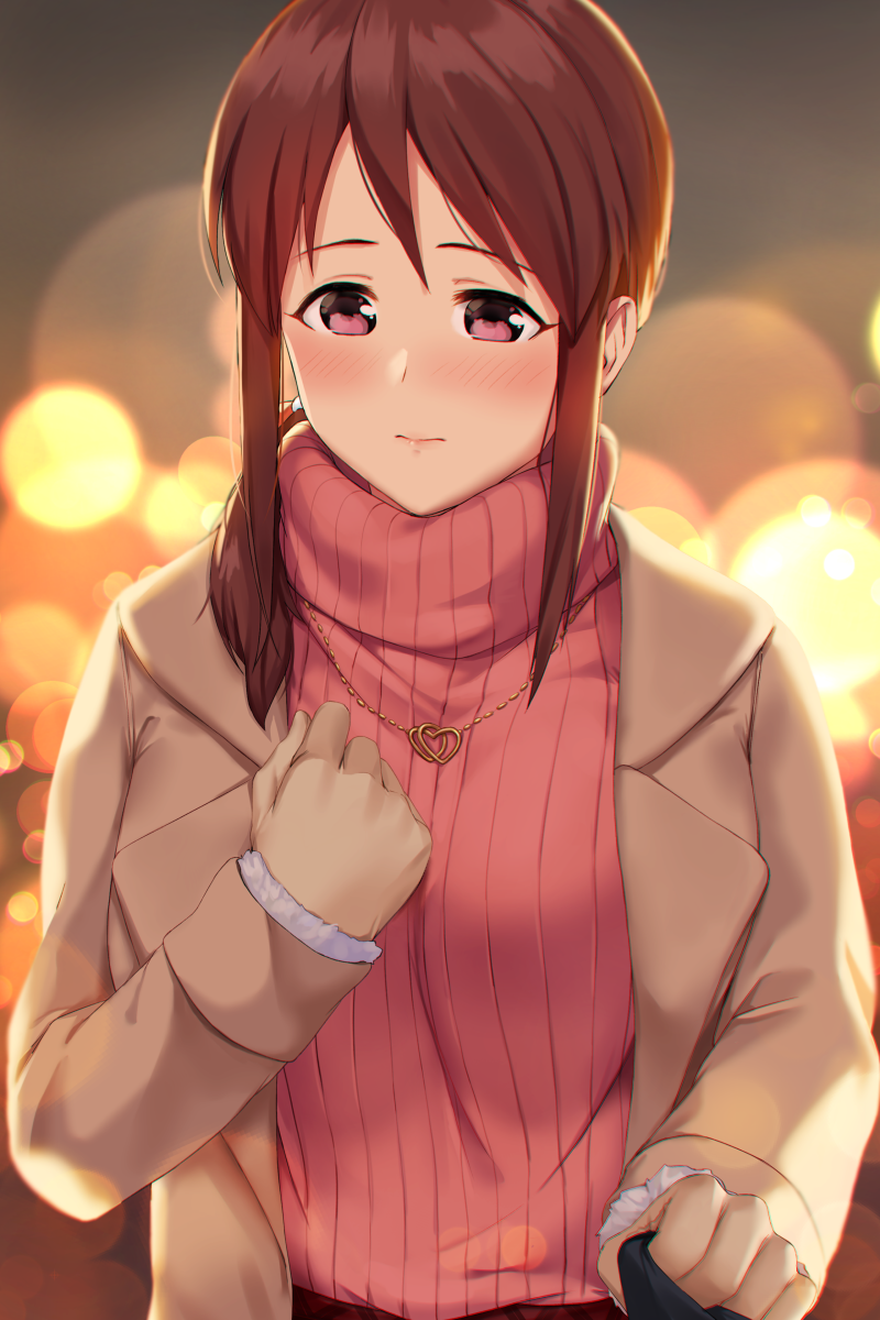 1girl blush breasts brown_coat brown_hair clenched_hands coat deneb_(noble324) grabbing hair_over_shoulder heart heart_necklace highres idolmaster idolmaster_cinderella_girls lamppost large_breasts long_hair long_sleeves looking_at_viewer mifune_miyu out_of_frame pink_sweater ponytail pov ribbed_sweater sidelocks solo_focus sweater turtleneck turtleneck_sweater upper_body violet_eyes