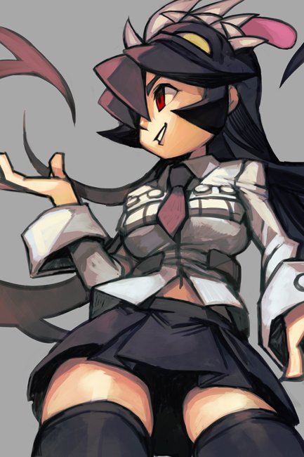 1girl bangs black_hair black_legwear black_skirt breasts collared_shirt cowboy_shot extra_mouth filia_(skullgirls) from_below grey_background hair_between_eyes hankuri large_breasts living_hair long_hair long_sleeves looking_to_the_side midriff navel necktie pleated_skirt prehensile_hair purple_neckwear red_eyes samson_(skullgirls) shirt sidelocks simple_background skirt skullgirls smile solo thigh-highs zettai_ryouiki