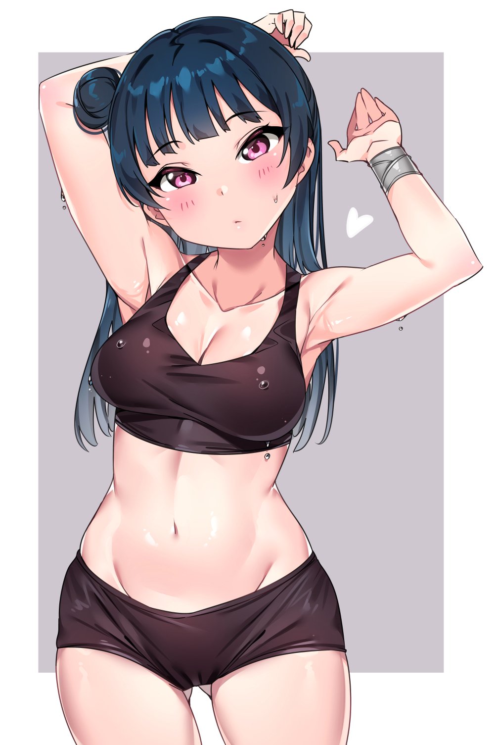 1girl arm_behind_head armpits arms_up ass_visible_through_thighs bangs bare_arms bare_shoulders black_shorts blue_hair blush bracer breasts cleavage closed_mouth collarbone cowboy_shot eyebrows_visible_through_hair grey_background groin hair_bun head_tilt heart highres legs_apart long_hair looking_at_viewer love_live! love_live!_sunshine!! medium_breasts navel pink_eyes short_shorts shorts side_bun sidelocks solo sports_bra standing stomach sweat tem10 tsushima_yoshiko two-tone_background white_background