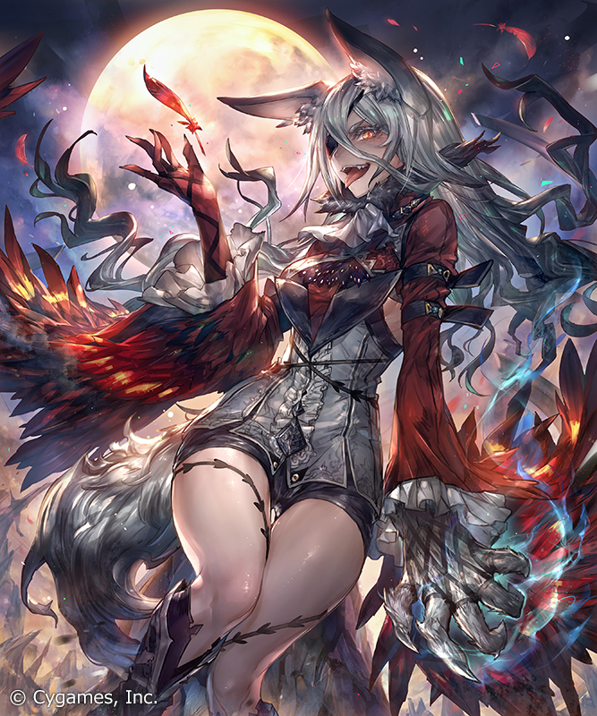 1girl animal_ear_fluff animal_ears arm_strap aura bangs black_shorts boots breasts claws corset ell_(ellnun) eyepatch fangs feathers floating_hair fox_ears fox_girl fox_tail frilled_sleeves frills full_moon fur_collar gloves grey_hair hair_between_eyes hand_up jacket knee_boots large_breasts light_particles long_hair long_sleeves looking_at_viewer moon official_art open_mouth orange_eyes red_gloves red_jacket shadowverse short_shorts shorts side_cutout sidelocks smile solo tail thighs tongue tongue_out tsurime underbust very_long_hair wide_sleeves wind zealot_of_adultery