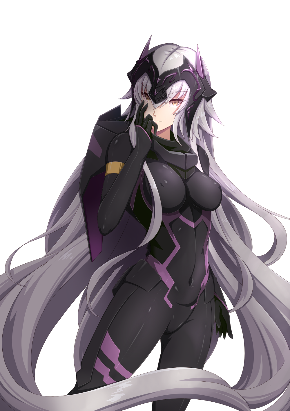 1girl aata1007 alternate_costume bodysuit breasts erect_nipples fate/grand_order fate_(series) grey_hair hair_between_eyes hand_on_own_face headpiece highres jeanne_d'arc_(alter)_(fate) jeanne_d'arc_(fate)_(all) light_smile long_hair medium_breasts skin_tight solo very_long_hair white_background