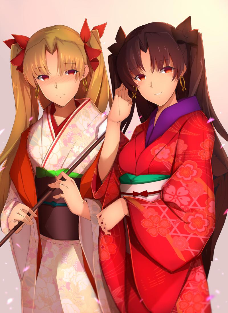 2girls arrow black_hair blonde_hair commentary_request earrings ereshkigal_(fate/grand_order) fate_(series) holding_arrow hoop_earrings ishtar_(fate/grand_order) japanese_clothes jewelry kimono light_blush light_smile long_hair looking_at_viewer multiple_girls red_eyes red_kimono saisarisu siblings sisters two_side_up white_kimono