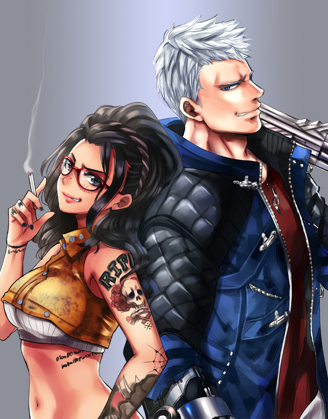 1boy 1girl arm_tattoo back-to-back black_hair black_nails blue_eyes blue_jacket breasts cigarette commentary_request crop_top devil_may_cry devil_may_cry_5 finger_tattoo freckles grey_background gun handgun height_difference holding holding_gun holding_weapon jacket jewelry lips long_hair mechanical_arm medium_breasts midriff multicolored_hair nagare nail_polish navel nero_(devil_may_cry) nico_(devil_may_cry) nose pendant red-framed_eyewear shoulder_tattoo silver_hair smoking streaked_hair tattoo weapon