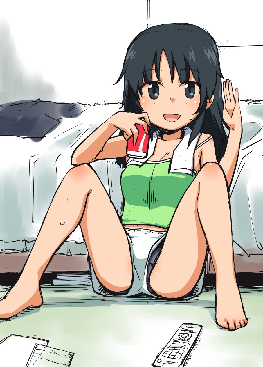 1girl bangs barefoot bed bedroom black_eyes black_hair black_panties camisole can casual commentary crotch_seam eyebrows_visible_through_hair freckles full_body girls_und_panzer green_shirt hamahara_yoshio highres holding holding_can legs long_hair looking_at_viewer open_mouth panties panty_peek shirt short_shorts shorts sitting smile soda_can solo spread_legs strap_slip sweat underwear upshorts waving white_shorts yamagou_ayumi