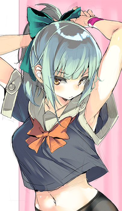 1girl armpits arms_behind_head arms_up bangs blue_shirt bow breasts closed_mouth cowboy_shot eyebrows_visible_through_hair eyes_visible_through_hair green_hair hair_bow hair_ribbon kantai_collection looking_at_viewer medium_breasts navel outside_border panties panties_under_pantyhose pantyhose ponytail ribbon school_uniform serafuku shimeji_(4_me_ji) shirt short_sleeves sketch standing tank_top underwear yellow_eyes yuubari_(kantai_collection)