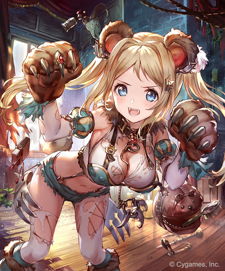 1girl 77gl :d animal_ears bag bangs bear_ears bear_paws belt bent_over blonde_hair blue_eyes blue_shorts blush breasts brush candle candlestand cleavage crop_top curtains detached_sleeves fangs faulds floating_hair fur_collar hair_intakes hands_up indoors long_hair looking_at_viewer matchbox matchstick medium_breasts midriff navel official_art open_mouth rope shingeki_no_bahamut short_shorts shorts sidelocks skull smile solo standing suspenders thigh-highs torn_clothes torn_legwear twintails v-shaped_eyebrows watermark white_legwear window
