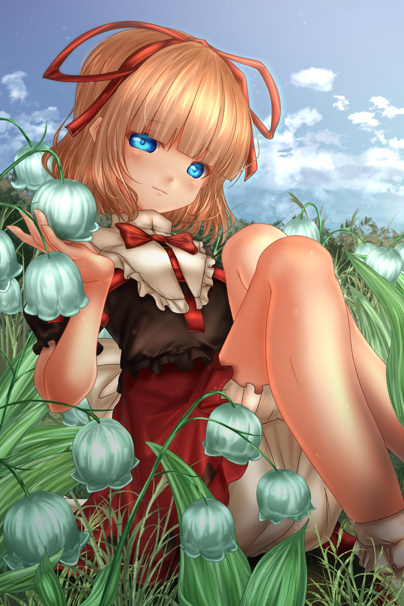 1girl arm_up bangs black_blouse blonde_hair bloomers blouse blue_eyes blue_sky blunt_bangs bobby_socks clouds day expressionless flower folded_leg grass hair_ribbon head_tilt highres holding holding_flower knees_up lily_of_the_valley looking_at_viewer medicine_melancholy medium_hair on_ground outdoors puffy_short_sleeves puffy_sleeves red_neckwear red_ribbon red_skirt ribbon short_sleeves shounen_(hogehoge) sitting skirt sky socks solo touhou underwear white_legwear